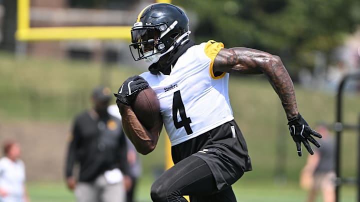 Pittsburgh Steelers wide receiver DK Metcalf participates in drills during training camp at Saint Vincent College. Pittsburgh Steelers wide receiver DK Metcalf participates in drills during training camp at Saint Vincent College.