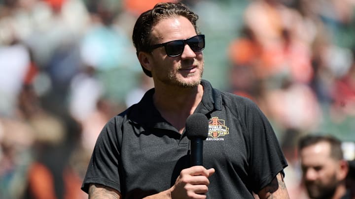 Former San Francisco Giants pitcher Jake Peavy speaks to the crowd during a ceremony celebrating the 10th anniversary of the Giants' 2014 World Series championship at Oracle Park in San Francisco on Aug. 10, 2024.
