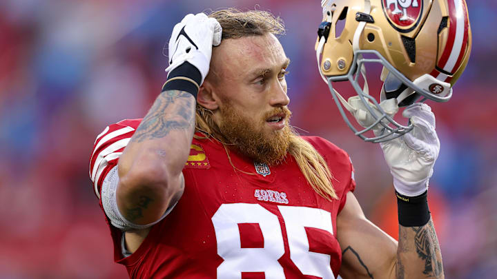Dec 30, 2024; Santa Clara, California, USA; San Francisco 49ers tight end George Kittle (85) before the game against the Detroit Lions at Levi's Stadium. Mandatory Credit: Sergio Estrada-Imagn Images Dec 30, 2024; Santa Clara, California, USA; San Francisco 49ers tight end George Kittle (85) before the game against the Detroit Lions at Levi's Stadium. Mandatory Credit: Sergio Estrada-Imagn Images