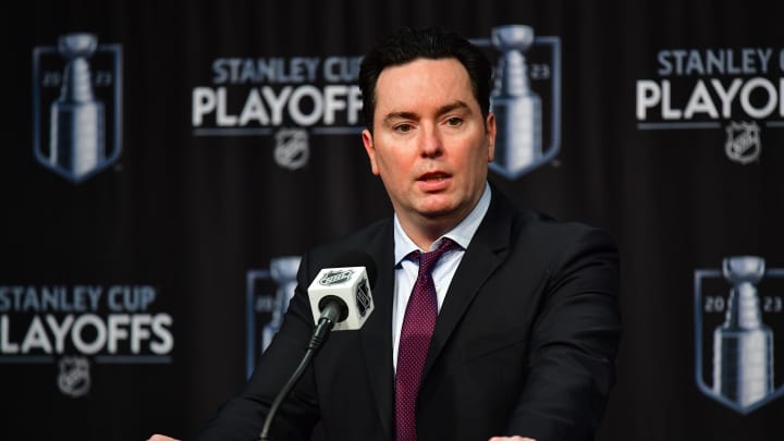 Apr 29, 2023; Los Angeles, California, USA; Edmonton Oilers head coach Jay Woodcroft speaks with media following game six of the first round of the 2023 Stanley Cup Playoffs at Crypto.com Arena. Mandatory Credit: Gary A. Vasquez-USA TODAY Sports
