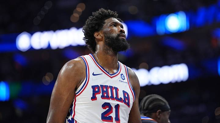 Philadelphia 76ers center Joel Embiid (21) looks on against the New York Knicks in the second quarter during game four of the second round of the 2026 NBA Playoffs at Xfinity Mobile Arena on May 10, 2026.
