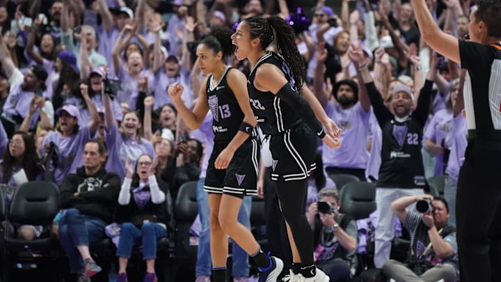 Golden State Valkyries guard Veronica Burton (22) and forward Janelle Salaun (13) celebrate after a basket against the Minnesota Lynx in the third quarter in game two of round one for the 2025 WNBA Playoffs at SAP Center. Golden State Valkyries guard Veronica Burton (22) and forward Janelle Salaun (13) celebrate after a basket against the Minnesota Lynx in the third quarter in game two of round one for the 2025 WNBA Playoffs at SAP Center.