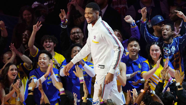 Feb 16, 2025; San Francisco, CA, USA; Chuckís Global Stars forward Giannis Antetokounmpo (34) of the Milwaukee Bucks during player introductions before the 2025 NBA All Star Game at Chase Center. Mandatory Credit: Darren Yamashita-Imagn Images