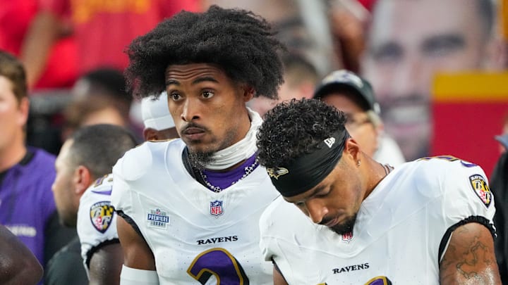 Sep 5, 2024; Kansas City, Missouri, USA; Baltimore Ravens cornerback Nate Wiggins (2) and wide receiver Nelson Agholor (15) on field prior to a game against the Kansas City Chiefs at GEHA Field at Arrowhead Stadium. Mandatory Credit: Denny Medley-Imagn Images Sep 5, 2024; Kansas City, Missouri, USA; Baltimore Ravens cornerback Nate Wiggins (2) and wide receiver Nelson Agholor (15) on field prior to a game against the Kansas City Chiefs at GEHA Field at Arrowhead Stadium. Mandatory Credit: Denny Medley-Imagn Images