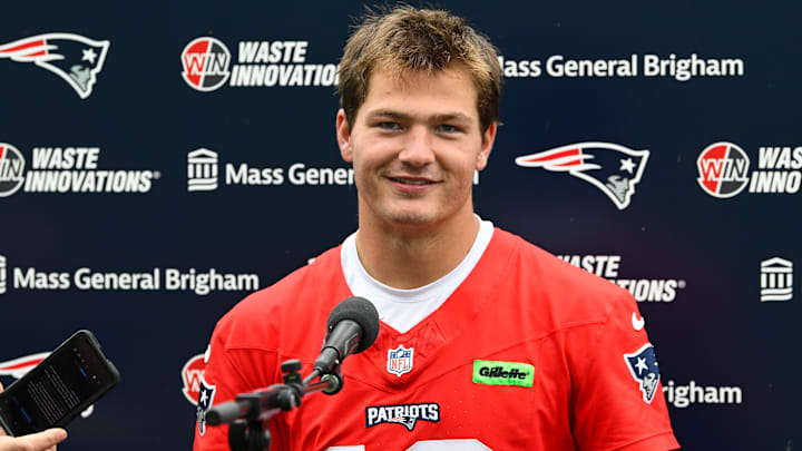 Jun 9, 2025; Foxborough, MA, USA; New England Patriots quarterback Drake Maye (10) holds a press conference after minicamp at Gillette Stadium. Mandatory Credit: Eric Canha-Imagn Images
