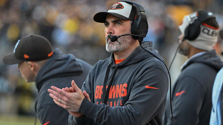 Cleveland Browns head coach Kevin Stefanski reacts against the Pittsburgh Steelers during the fourth quarter at Acrisure Stadium.