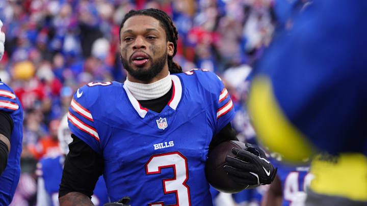 Jan 12, 2025; Orchard Park, New York, USA; Buffalo Bills safety Damar Hamlin (3) walks back to the bench after an interception during the fourth quarter against the Denver Broncos in an AFC wild card game at Highmark Stadium. Mandatory Credit: Gregory Fisher-Imagn Images