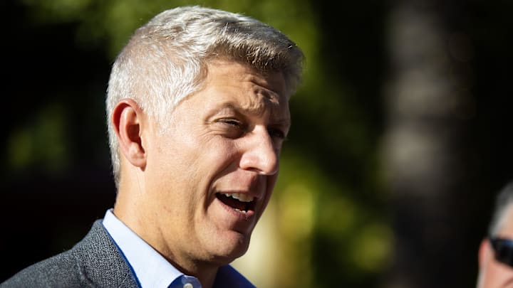 Nov 7, 2023; Scottsdale, AZ, USA; Baltimore Orioles general manager Mike Elias speaks to the media during the MLB General Manager's Meetings at Omni Scottsdale Resort & Spa. Nov 7, 2023; Scottsdale, AZ, USA; Baltimore Orioles general manager Mike Elias speaks to the media during the MLB General Manager's Meetings at Omni Scottsdale Resort & Spa.