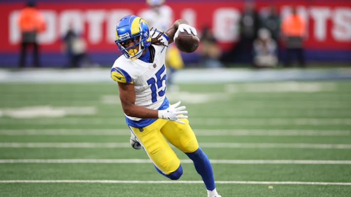 Dec 31, 2023; East Rutherford, New Jersey, USA; Los Angeles Rams wide receiver Demarcus Robinson (15) gains yards after a catch during the second half against the New York Giants at MetLife Stadium. Mandatory Credit: Vincent Carchietta-USA TODAY Sports Dec 31, 2023; East Rutherford, New Jersey, USA; Los Angeles Rams wide receiver Demarcus Robinson (15) gains yards after a catch during the second half against the New York Giants at MetLife Stadium. Mandatory Credit: Vincent Carchietta-USA TODAY Sports