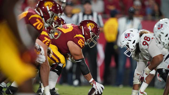 Aug 31, 2019; Los Angeles, CA, USA; General overall view as Southern California Trojans center Brett Neilon (62) snaps the ball against Fresno State Bulldogs defensive tackle Keiti Iakopo (98) at the line of scrimmage uat Los Angeles Memorial Coliseum. USC defeated Fresno State 31-23.  Mandatory Credit: Kirby Lee-USA TODAY Sports