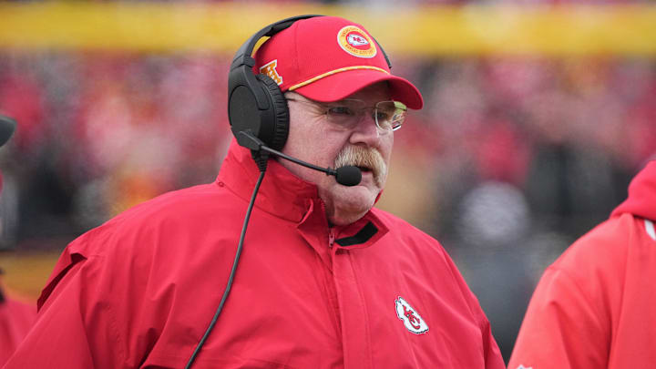 Jan 18, 2025; Kansas City, Missouri, USA; Kansas City Chiefs head coach Andy Reid on the sidelines against the Houston Texans during the first half of a 2025 AFC divisional round game at GEHA Field at Arrowhead Stadium. Mandatory Credit: Denny Medley-Imagn Images