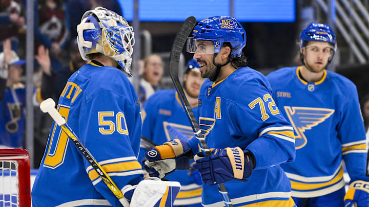 Apr 5, 2025; St. Louis, Missouri, USA; St. Louis Blues goaltender Jordan Binnington (50) and defenseman Justin Faulk (72) celebrate after the Blues won their franchise record 12th straight win after a victory over the Colorado Avalanche at Enterprise Center. Mandatory Credit: Jeff Curry-Imagn Images Apr 5, 2025; St. Louis, Missouri, USA; St. Louis Blues goaltender Jordan Binnington (50) and defenseman Justin Faulk (72) celebrate after the Blues won their franchise record 12th straight win after a victory over the Colorado Avalanche at Enterprise Center. Mandatory Credit: Jeff Curry-Imagn Images
