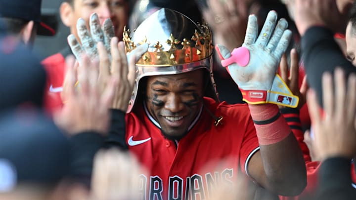 Apr 8, 2026: Cleveland Guardians left fielder Angel Martinez (1) celebrates after hitting a grand slam during the eighth inning against the Kansas City Royals at Progressive Field. Apr 8, 2026: Cleveland Guardians left fielder Angel Martinez (1) celebrates after hitting a grand slam during the eighth inning against the Kansas City Royals at Progressive Field.