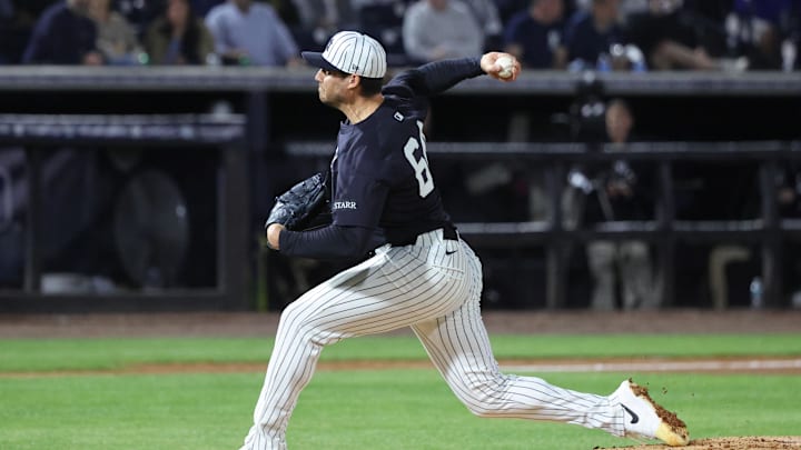 Tampa, Florida, USA;  New York Yankees pitcher Geoff Hartlieb (64) throws a pitch during the fourth inning against the Toronto Blue Jays at George M. Steinbrenner Field. Mandatory Credit: Kim Klement Neitzel-Imagn Images