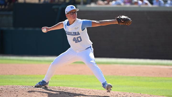 Jun 5, 2026; Chapel Hill, NC, USA;  North Carolina Tar Heels pitcher Walker McDuffie (40) pitches the ball to the USC Trojans  during the sixth inning at Boshamer Stadium. Mandatory Credit: Zachary Taft-Imagn Images