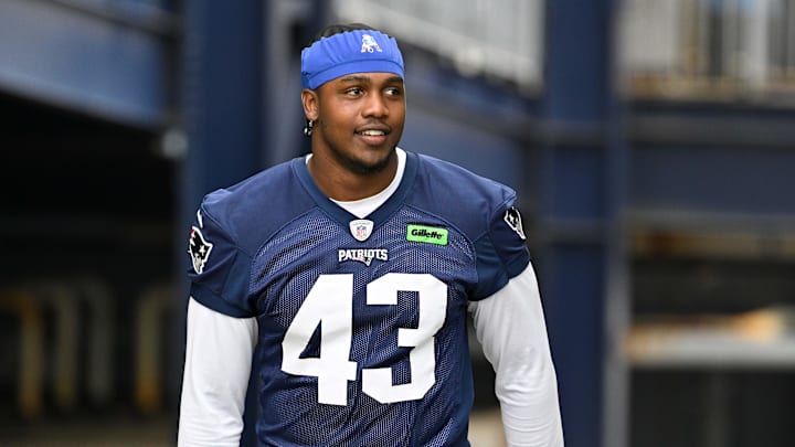 Jun 9, 2025; Foxborough, MA, USA; New England Patriots defensive end Bradyn Swinson (43) walks to the practice fields at Gillette Stadium. Mandatory Credit: Eric Canha-Imagn Images