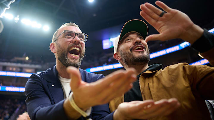 Dec 12, 2025; San Francisco, California, USA; General manager of the Stanford Cardinal football program Andrew Luck reacts during the first quarter of the game between the Golden State Warriors and the Minnesota Timberwolves at Chase Center. Mandatory Credit: Robert Edwards-Imagn Images