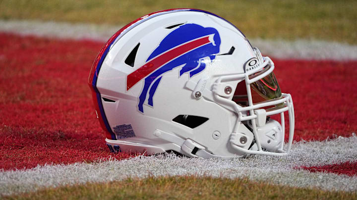 Jan 26, 2025; Kansas City, MO, USA; A detailed view of the Buffalo Bills helmet before the AFC Championship game against the Kansas City Chiefs at GEHA Field at Arrowhead Stadium. Mandatory Credit: Denny Medley-Imagn Images