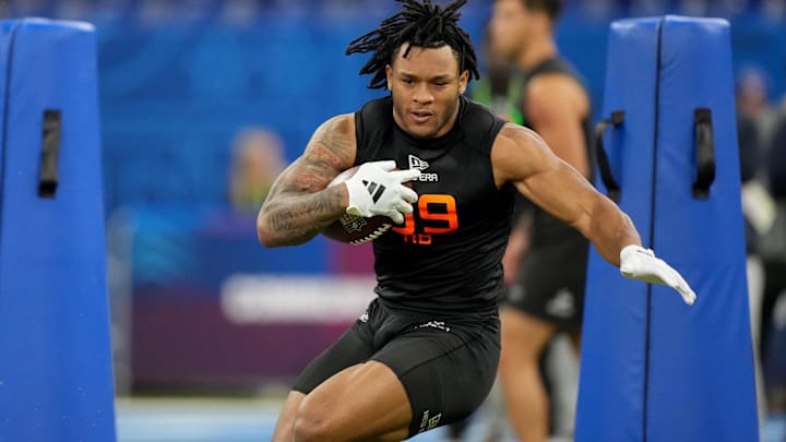 Mar 1, 2025; Indianapolis, IN, USA; North Carolina running back Omarion Hampton (RB09) during the 2025 NFL Combine at Lucas Oil Stadium. Mandatory Credit: Kirby Lee-Imagn Images
