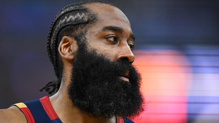 May 23, 2026; Cleveland, Ohio, USA; Cleveland Cavaliers guard James Harden (1) looks on in the third quarter against the New York Knicks  during game three of the eastern conference finals for the 2026 NBA playoffs at Rocket Arena. Mandatory Credit: David Richard-Imagn Images