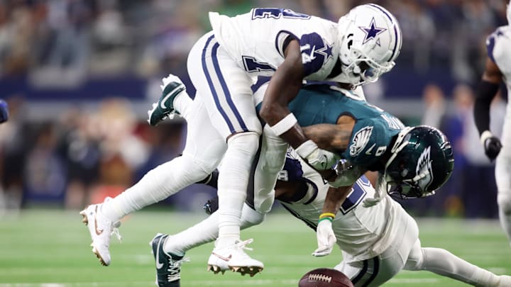 Dec 10, 2023; Arlington, Texas, USA; Philadelphia Eagles wide receiver DeVonta Smith (6) fumbles the