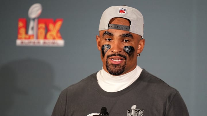 Philadelphia Eagles quarterback Jalen Hurts speaks to the media after defeating the Kansas City Chiefs in Super Bowl LIX at Caesars Superdome.