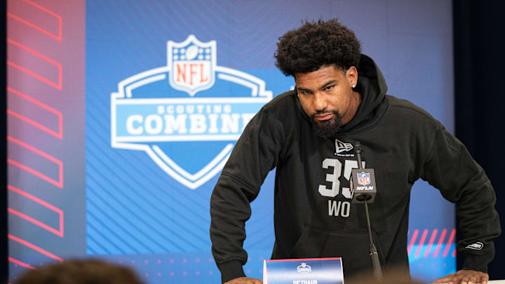 Feb 27, 2026; Indianapolis, IN, USA; Mississippi wideout De'Zhaun Stribling (WO35) speaks to members of the media during the NFL Combine at the Indiana Convention Center. Mandatory Credit: Jacob Musselman-Imagn Images