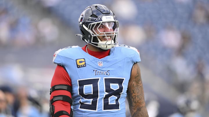 Dec 28, 2025; East Rutherford, New Jersey, USA; Tennessee Titans defensive tackle Jeffery Simmons (98) warms up prior to the game against the New Orleans Saints at MetLife Stadium. Mandatory Credit: Steve Roberts-Imagn Images