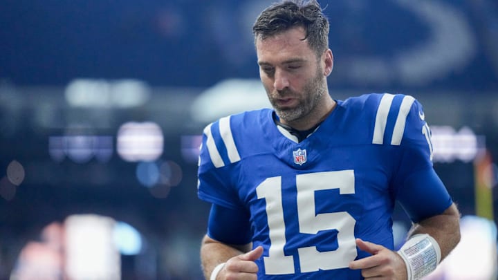 Indianapolis Colts quarterback Joe Flacco (15) heads off the field Sunday, Nov. 10, 2024, after losing 30-20 to the Buffalo Bills at Lucas Oil Stadium in Indianapolis. Indianapolis Colts quarterback Joe Flacco (15) heads off the field Sunday, Nov. 10, 2024, after losing 30-20 to the Buffalo Bills at Lucas Oil Stadium in Indianapolis.