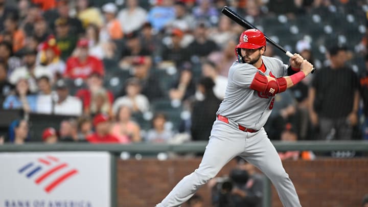 Sep 23, 2025; San Francisco, California, USA; St. Louis Cardinals catcher Jimmy Crooks (8) stands at bat against the San Francisco Giants during the first inning at Oracle Park. Mandatory Credit: Eakin Howard-Imagn Images