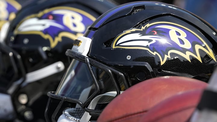 Aug 24, 2024; Green Bay, Wisconsin, USA;  General view of a Baltimore Ravens helmet prior to the game against the Green Bay Packers at Lambeau Field. Mandatory Credit: Jeff Hanisch-Imagn Images