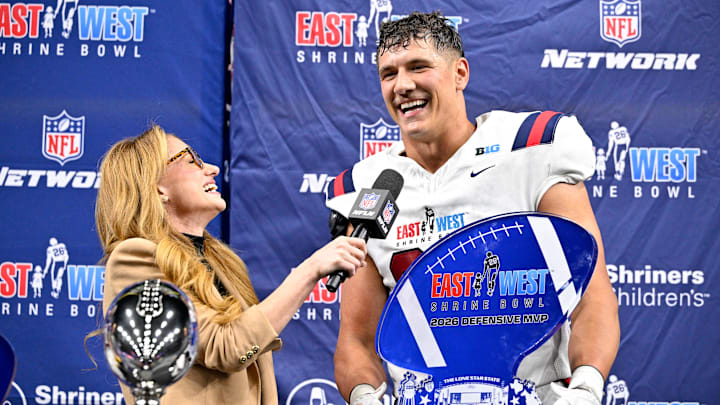 Jan 27, 2026; Frisco, TX, USA; NFL reporter Jane Slater interviews defensive MVP East edge rusher Mason Reiger (22) after the game at the Ford Center at the Star. Mandatory Credit: Jerome Miron-Imagn Images