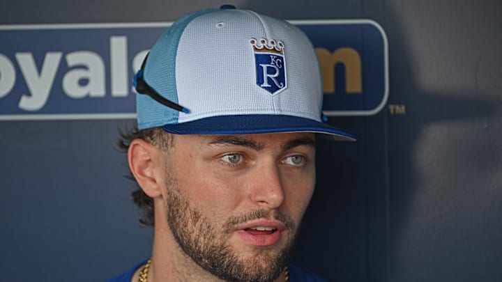 Sep 2, 2025; Kansas City, Missouri, USA;  Kansas City Royals catcher Carter Jensen (22) talks with the media before a game against the Los Angeles Angels at Kauffman Stadium. Mandatory Credit: Peter Aiken-Imagn Images