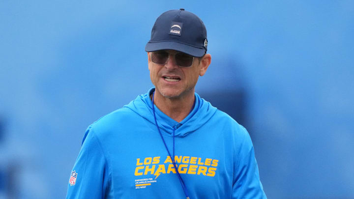 Los Angeles Chargers coach Jim Harbaugh at training camp at The Bolt. 