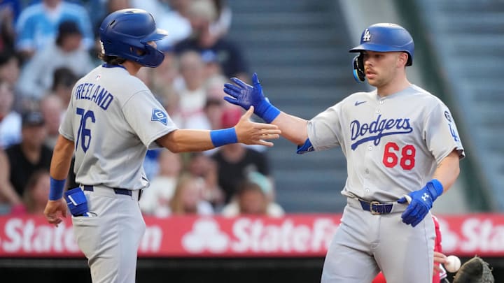 Aug 12, 2025; Anaheim, California, USA; Los Angeles Dodgers catcher Dalton Rushing (68) celebrates with second baseman Alex Freeland (76) after hitting a two-run home run in the second inning against the Los Angeles Angels at Angel Stadium. Mandatory Credit: Kirby Lee-Imagn Images Aug 12, 2025; Anaheim, California, USA; Los Angeles Dodgers catcher Dalton Rushing (68) celebrates with second baseman Alex Freeland (76) after hitting a two-run home run in the second inning against the Los Angeles Angels at Angel Stadium. Mandatory Credit: Kirby Lee-Imagn Images