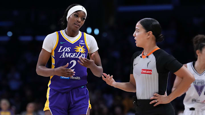 Jun 9, 2025; Los Angeles, California, USA; LA Sparks forward Rickea Jackson (2) talks with referee Blanca Burns in the second half against the Golden State Valkyries at Crypto.com Arena. Mandatory Credit: Kirby Lee-Imagn Images
