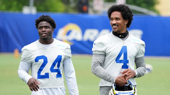 Jun 3, 2025; Woodland Hills, CA, USA; Los Angeles Rams cornerbacks Darious Williams (24) and Ahkello Witherspoon (4) during organized team activities at Rams Practice Facility. Mandatory Credit: Kirby Lee-Imagn Images Jun 3, 2025; Woodland Hills, CA, USA; Los Angeles Rams cornerbacks Darious Williams (24) and Ahkello Witherspoon (4) during organized team activities at Rams Practice Facility. Mandatory Credit: Kirby Lee-Imagn Images