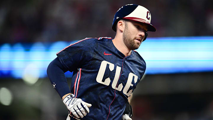 May 31, 2024; Cleveland, Ohio, USA; Cleveland Guardians catcher David Fry (6) rounds the bases after hitting a three run home run during the seventh inning against the Washington Nationals at Progressive Field. Mandatory Credit: Ken Blaze-Imagn Images