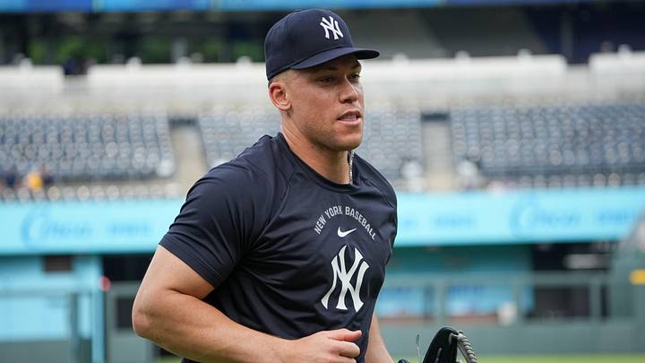 May 27, 2026; Kansas City, Missouri, USA; New York Yankees right fielder Aaron Judge (99) warms up prior to a game against the Kansas City Royals at Kauffman Stadium. Mandatory Credit: Denny Medley-Imagn Images