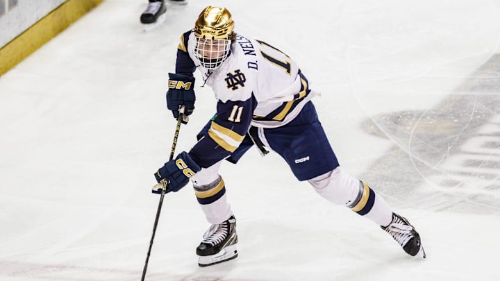Notre Dame forward Danny Nelson (11) skates with the puck during the Michigan State-Notre Dame NCAA hockey game on Friday, February 02, 2024, at Compton Family Ice Arena in South Bend, Indiana.