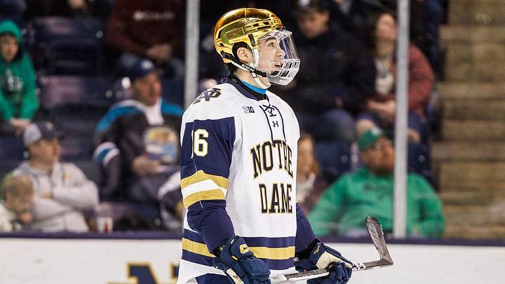 Notre Dame defenseman Paul Fischer (16) during the Wisconsin-Notre Dame NCAA hockey game on Friday, January 05, 2024, at Compton Family Ice Arena in South Bend, Indiana. Notre Dame defenseman Paul Fischer (16) during the Wisconsin-Notre Dame NCAA hockey game on Friday, January 05, 2024, at Compton Family Ice Arena in South Bend, Indiana.