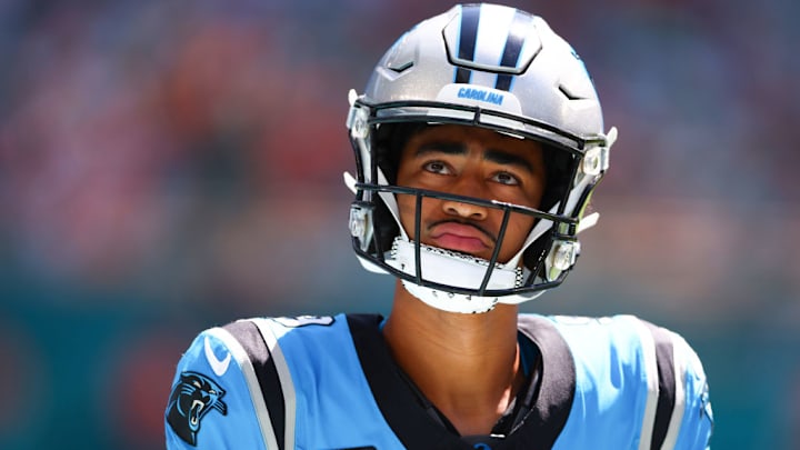 MIAMI GARDENS, FLORIDA - OCTOBER 15: Bryce Young #9 of the Carolina Panthers looks on during the first half against the Miami Dolphins at Hard Rock Stadium on October 15, 2023 in Miami Gardens, Florida.