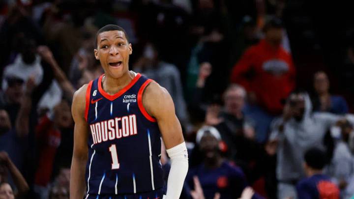 March 16, 2023; Houston, Texas, USA; Houston Rockets power forward Jabari Smith Jr. (1) reacts to making a game winner against the New Orleans Pelicans in Houston. /Carmen Mandato/Getty Images