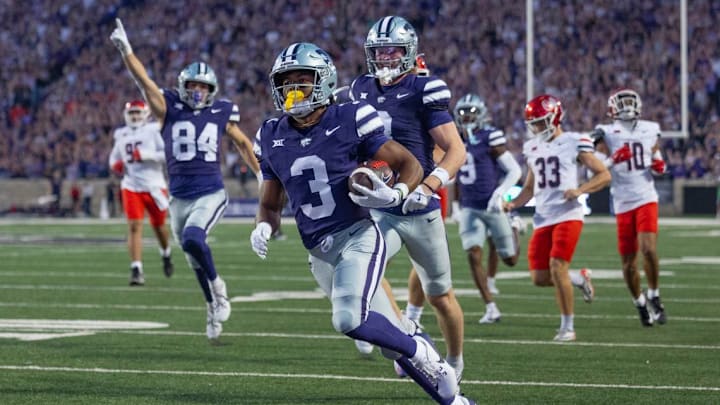 Dylan Edwards (3) scores a touchdown against the Arizona Wildcats in a Big 12 matchup on Sept. 13, 2024 in Manhattan, Kan. at Bill Snyder Family Stadium. Mandatory Credit: Travis Heying/The Witchita Eagle 