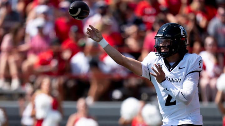 Cincinnati Bearcats quarterback Brendan Sorsby (2) throws a pass in the second quarter of the College Football game against the Miami Redhawks at Yager Stadium in Cincinnati on Saturday, Sept. 14, 2024.