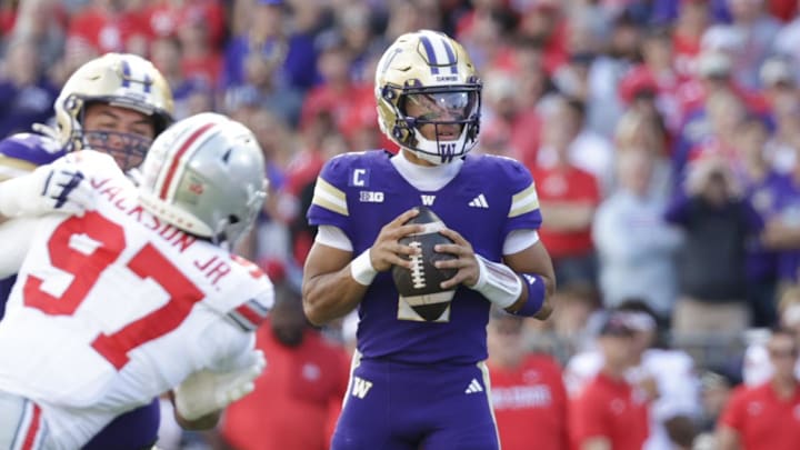 Sep 27, 2025; Seattle, Washington, USA; Washington Huskies quarterback Demond Williams Jr. (2) looks to pass against the Ohio State Buckeyes during the second quarter at Husky Stadium. Mandatory Credit: Joe Nicholson-Imagn Images