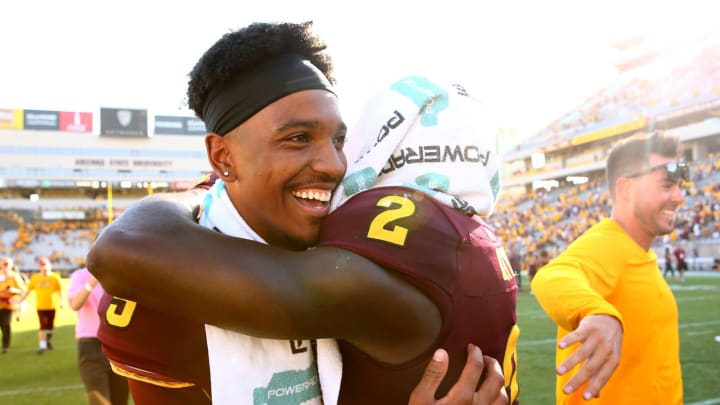 Arizona State Sun Devils quarterback Jayden Daniels (5) and wide receiver Brandon Aiyuk (2) celebrate their 38-34 win over Washington State on Oct. 12, 2019 in Tempe, Ariz. Washington State Vs Arizona State 2019