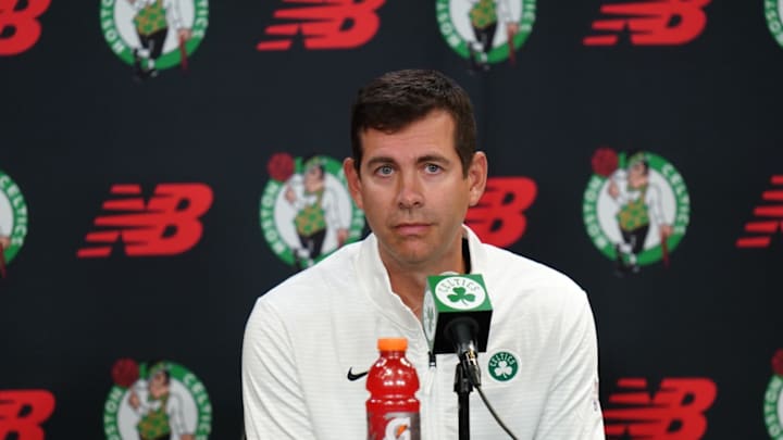 Sep 24, 2024; Boston, MA, USA;  Boston Celtics general manager Brad Stevens talks to reporters during media day at Auerbach Center. Mandatory Credit: David Butler II-Imagn Images