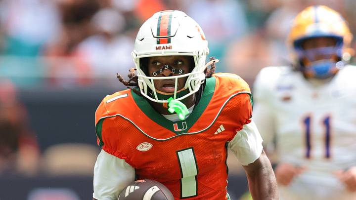 Oct 24, 2026; Miami Gardens, Florida, USA; Miami Hurricanes wide receiver Malachi Toney (1) runs with the football against the Pittsburgh Panthers during the second quarter at Hard Rock Stadium. Mandatory Credit: Sam Navarro-Imagn Images