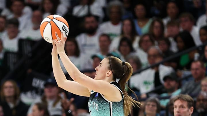Oct 16, 2024; Minneapolis, Minnesota, USA; New York Liberty guard Sabrina Ionescu (20) shoots against the Minnesota Lynx during the first half of game three of the 2024 NBA Finals at Target Center. Mandatory Credit: Matt Krohn-Imagn Images